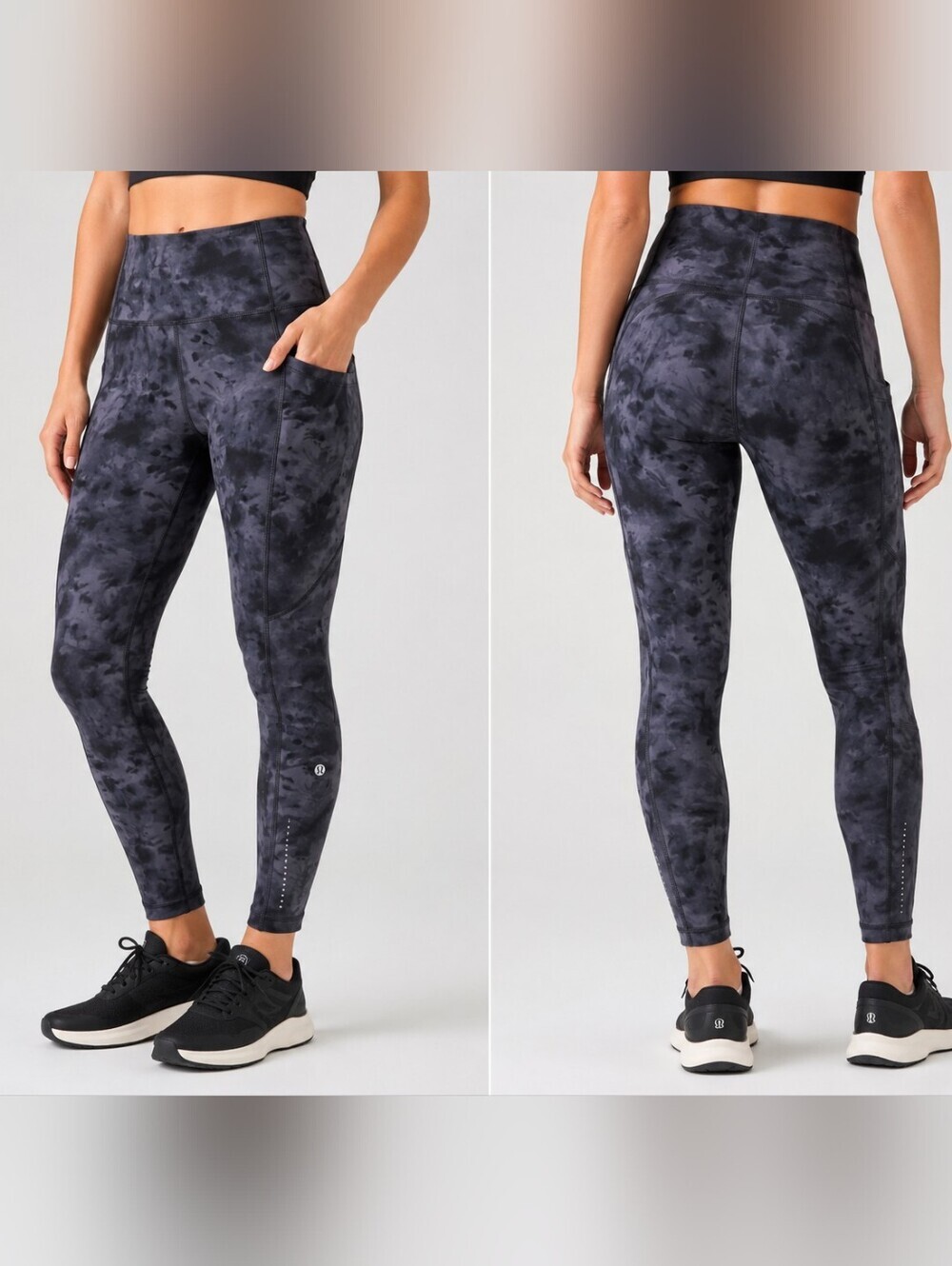Lululemon Tie Dye High Rise Leggings Gray Black Pocket Athletic Yoga Pants 4.